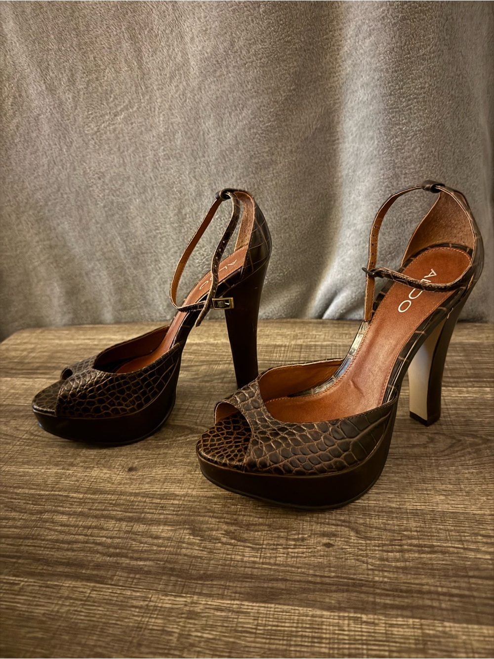 Aldo Dark Brown Croc-Embossed Platform Peep-Toe Heels
